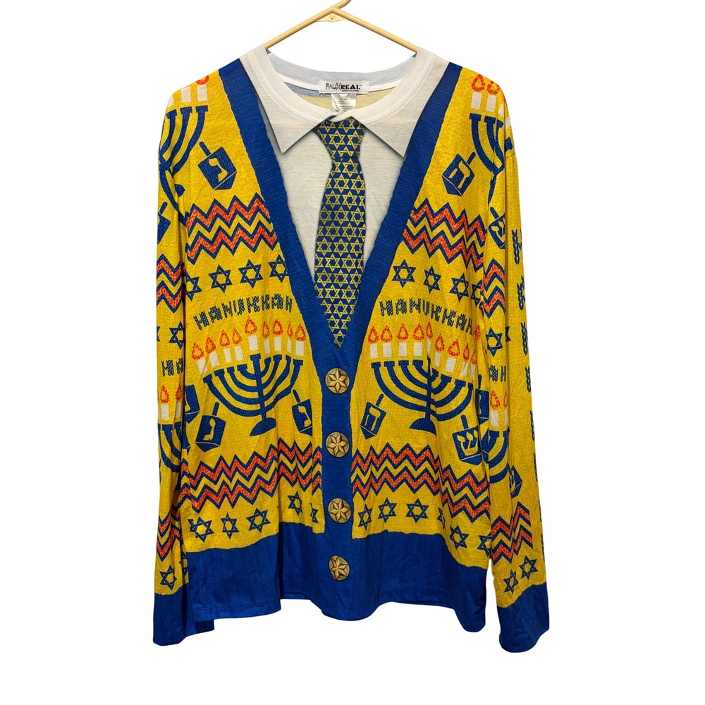 Faux Real Hanukkah Ugly Sweater T-Shirt Mens Large Photorealistic Menorah Tie